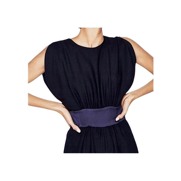 ZARA Jumpsuit SZ S Navy Blue Sleeveless Frilled Leg Sash Waist Ankle Length - Picture 2 of 14